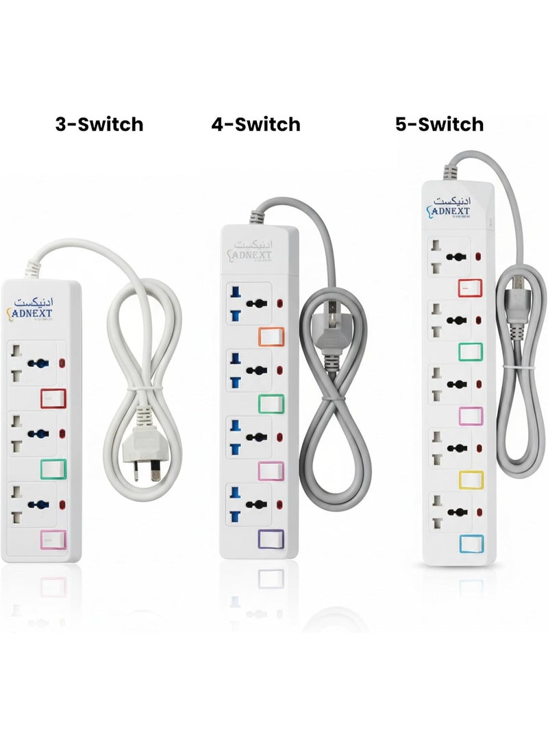 Adnext Power Socket with 5 Way Outlets and Extension Cord, 3 Meter Length, White - Image 2